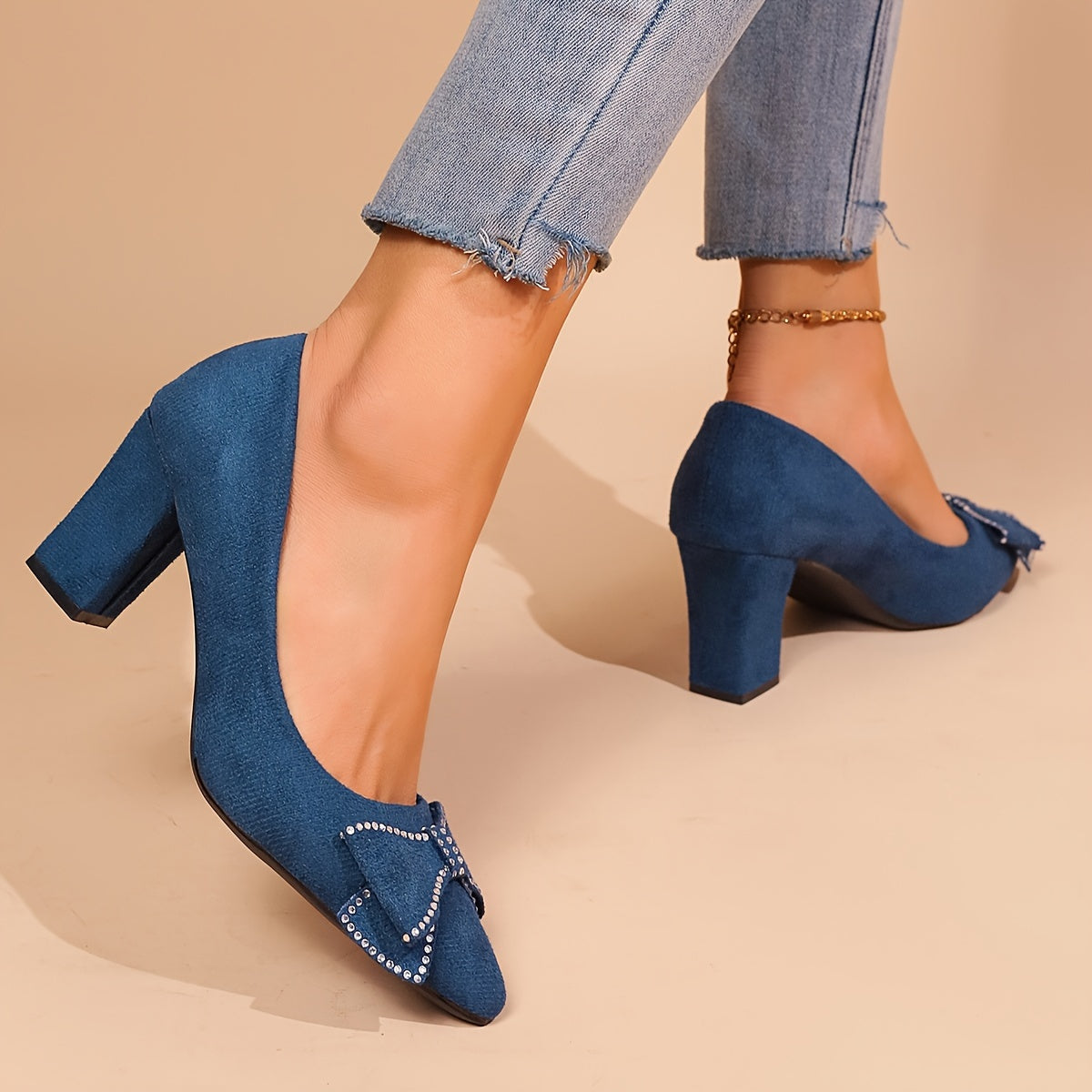 Women's Blue Block Heel Pumps with Rhinestone Bow for Weddings and Parties