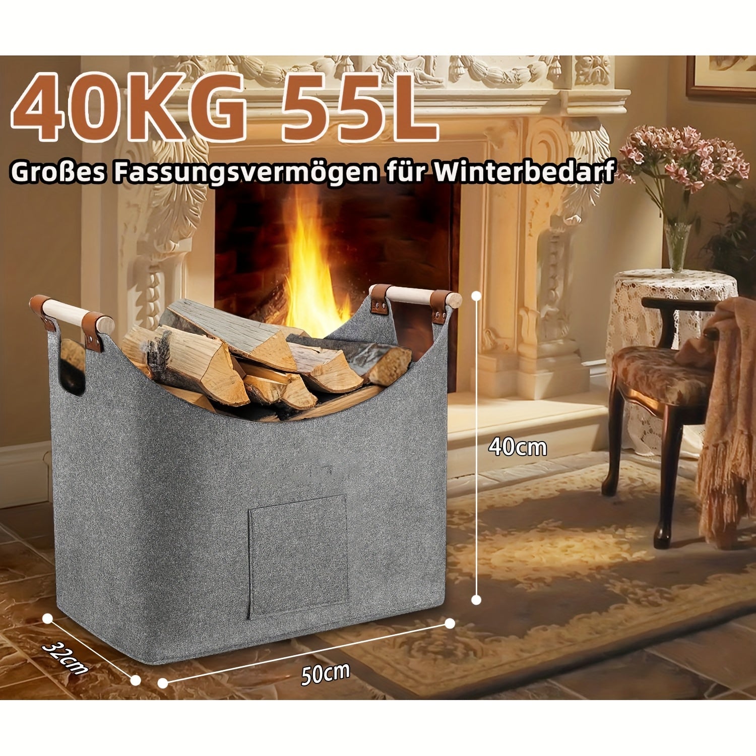 Light Grey Foldable Firewood Storage Basket with Wooden Handle and Felt Material