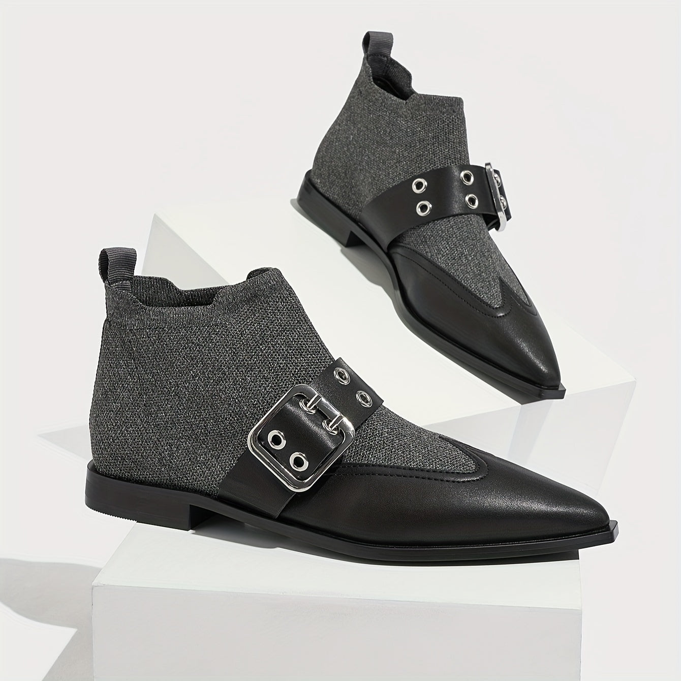 Women's Stretch Slip-On Ankle Booties with Buckle Flat Heel Pointed Toe