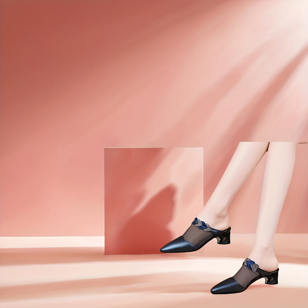 Women's Rhinestone Chunky Heel Sandals with Pointed Toe Slip-On Mid Heels