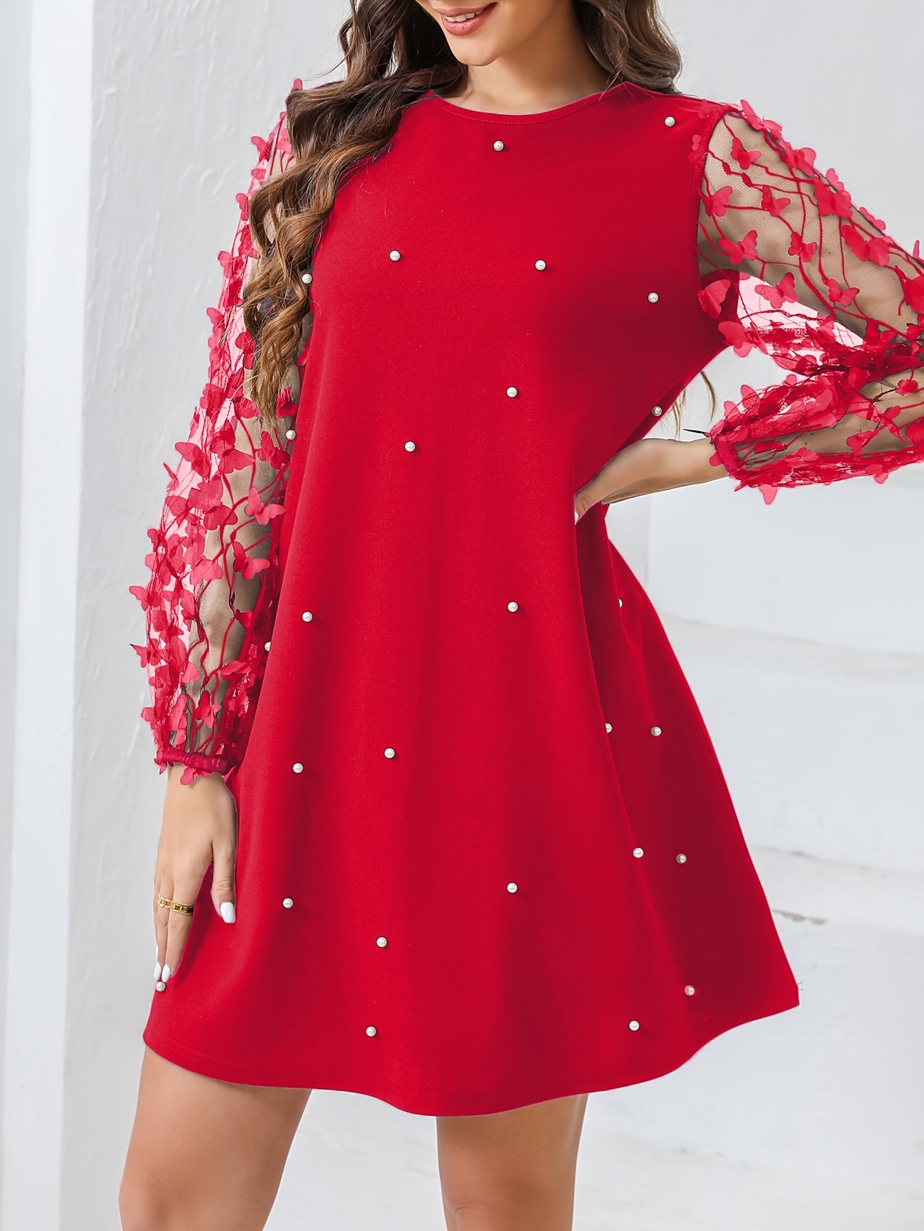 Women's Plus Size Mesh Patchwork Faux Pearl Dress