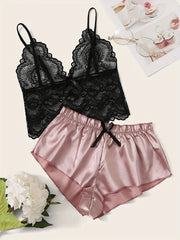 Women's Large Size Satin Pajama Set with Lace Details