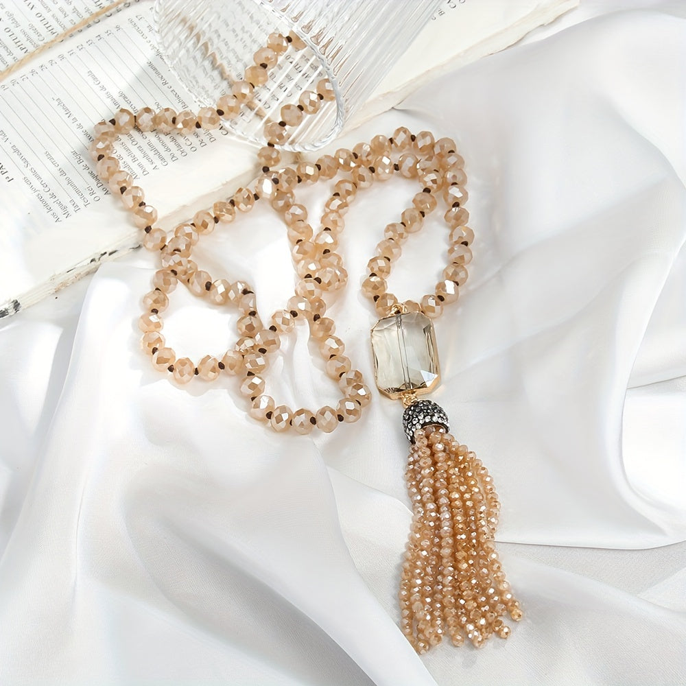 Boho Chic Glass Bead Necklace with Tassel for Women Spring Knotted Design