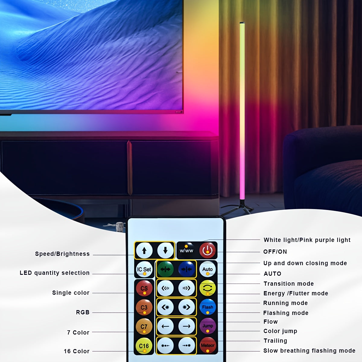 RGB Color Changing LED Floor Lamp with Music Sync Remote Control Adjustable Height 105cm USB Power for Dance Rooms Game Rooms and Parties