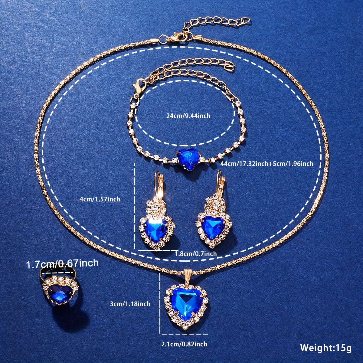 Klein Blue Quartz Watch and Synthetic Gem Jewelry Set for Women with Rhinestones