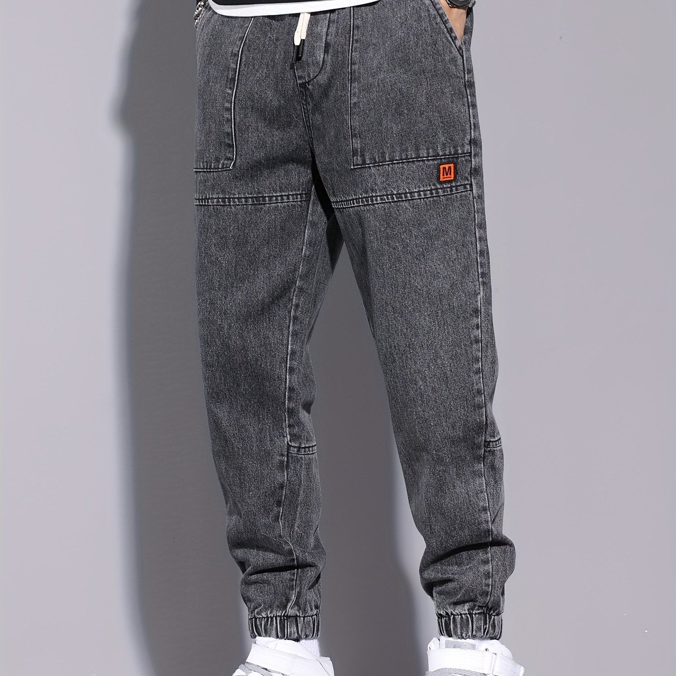 Men's Denim Jogger Pants with Elastic Drawstring Waist Cropped All-Season Street Style
