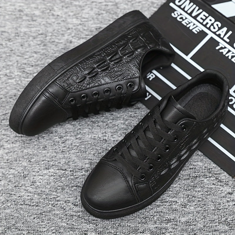 Men's Black Crocodile Pattern Casual Sneakers with Soft Sole and Lace-Up