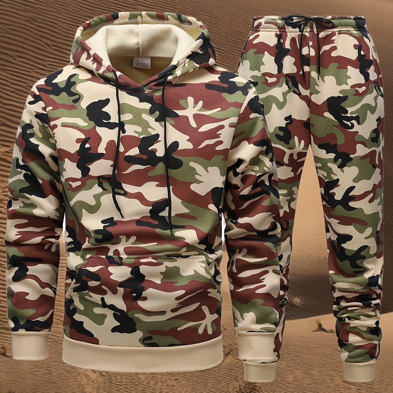 Men's Camo Hooded Sweatshirt and Pants Set for Outdoor Activities in Fall Winter 100% Polyester Drawstring 3D Printing