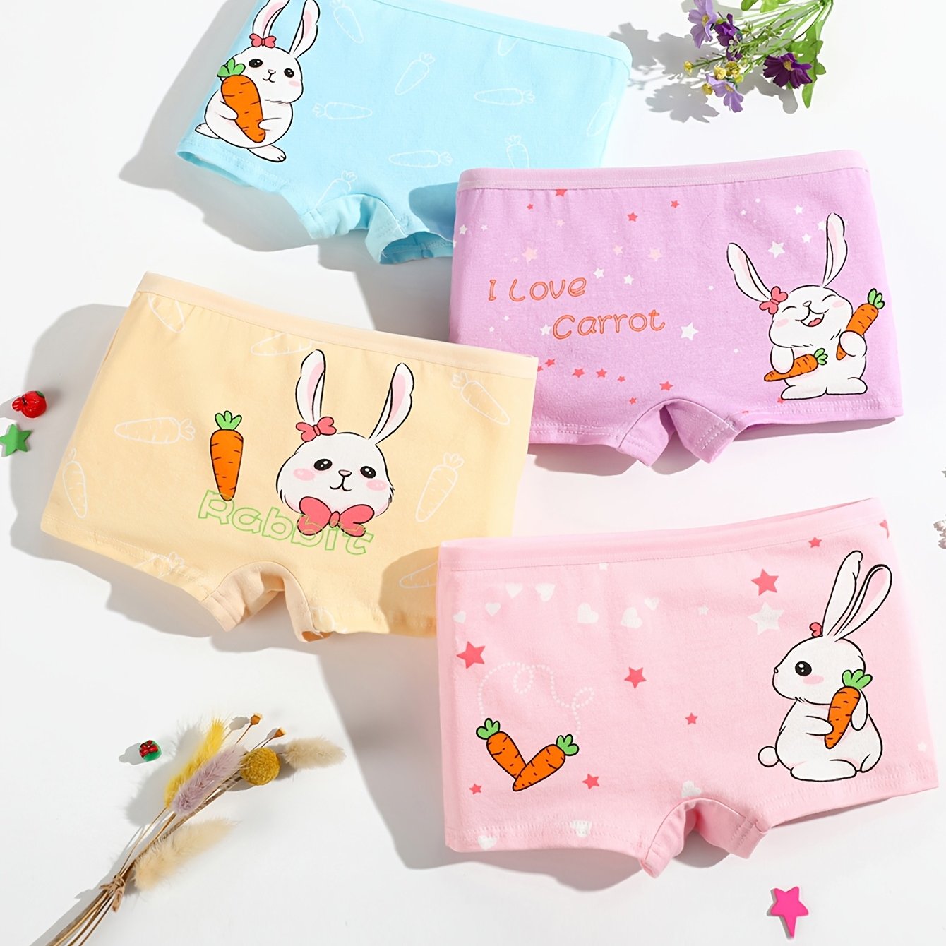 4-Pack Girls Cotton Cartoon Print Boxer Briefs Soft Breathable Medium Stretch Knit Fabric Kids Underwear
