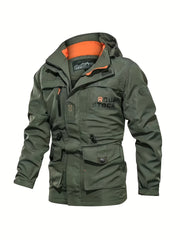 Men's Outdoor Sports Jacket with Detachable Hood and Zipper Closure