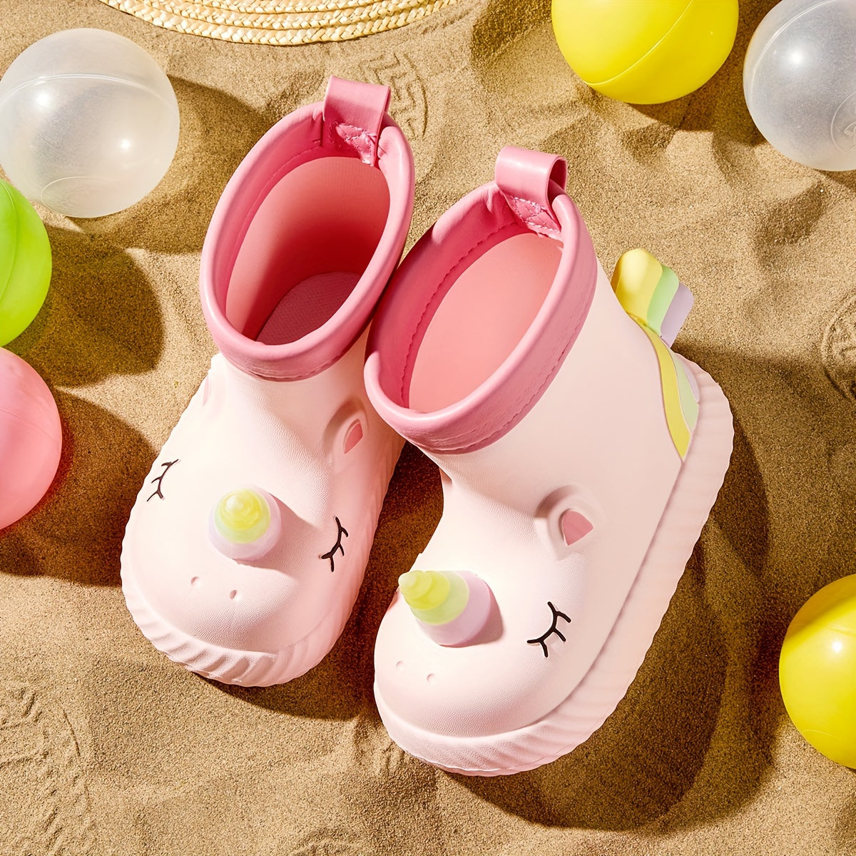 Kids Girls Pink and White Cartoon Unicorn Waterproof Rain Boots Slip-On Non-Slip Short Outdoor Hiking Toddler