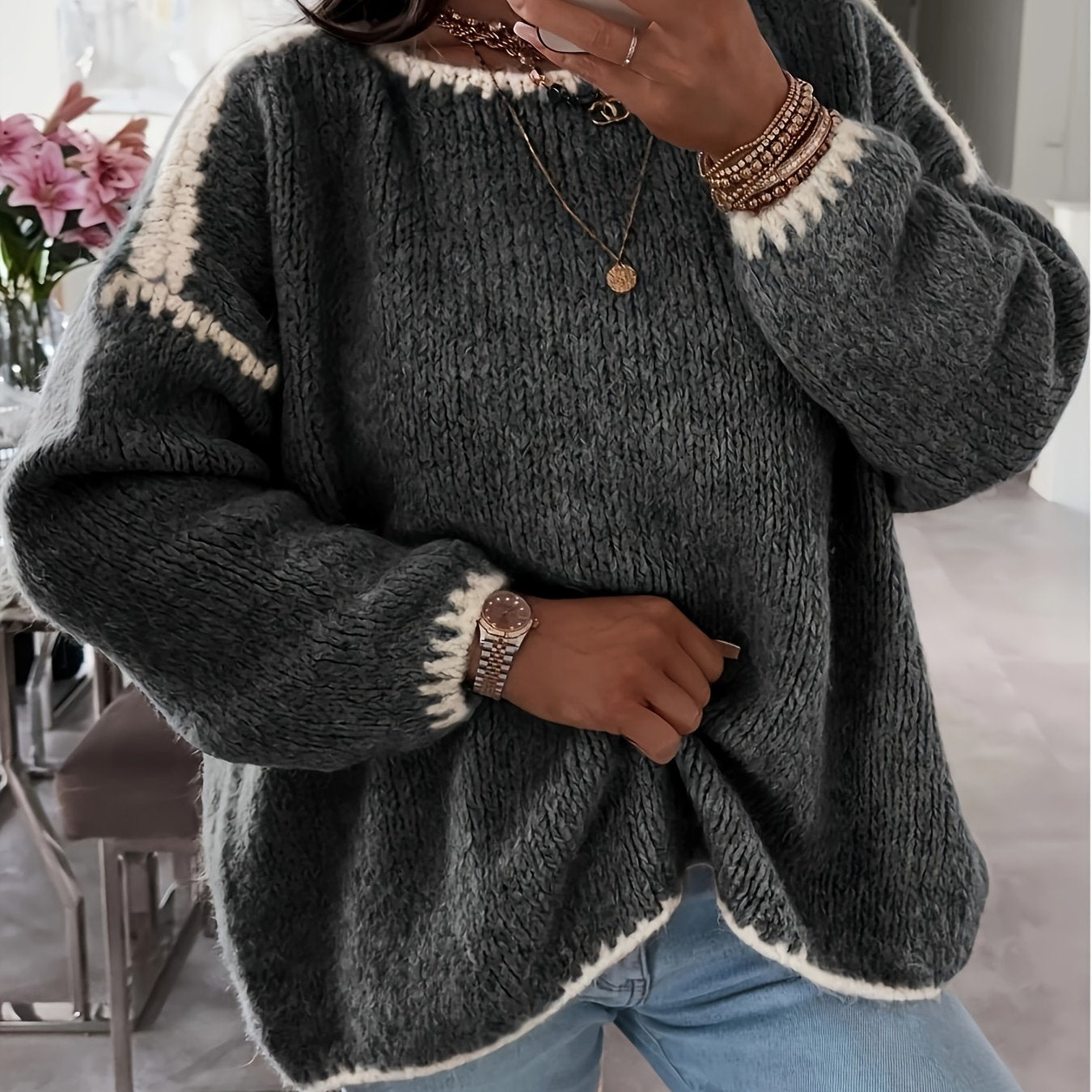 Plus Size Women's Beige Sweater Long Sleeve Fall Winter Casual Formal Knitwear