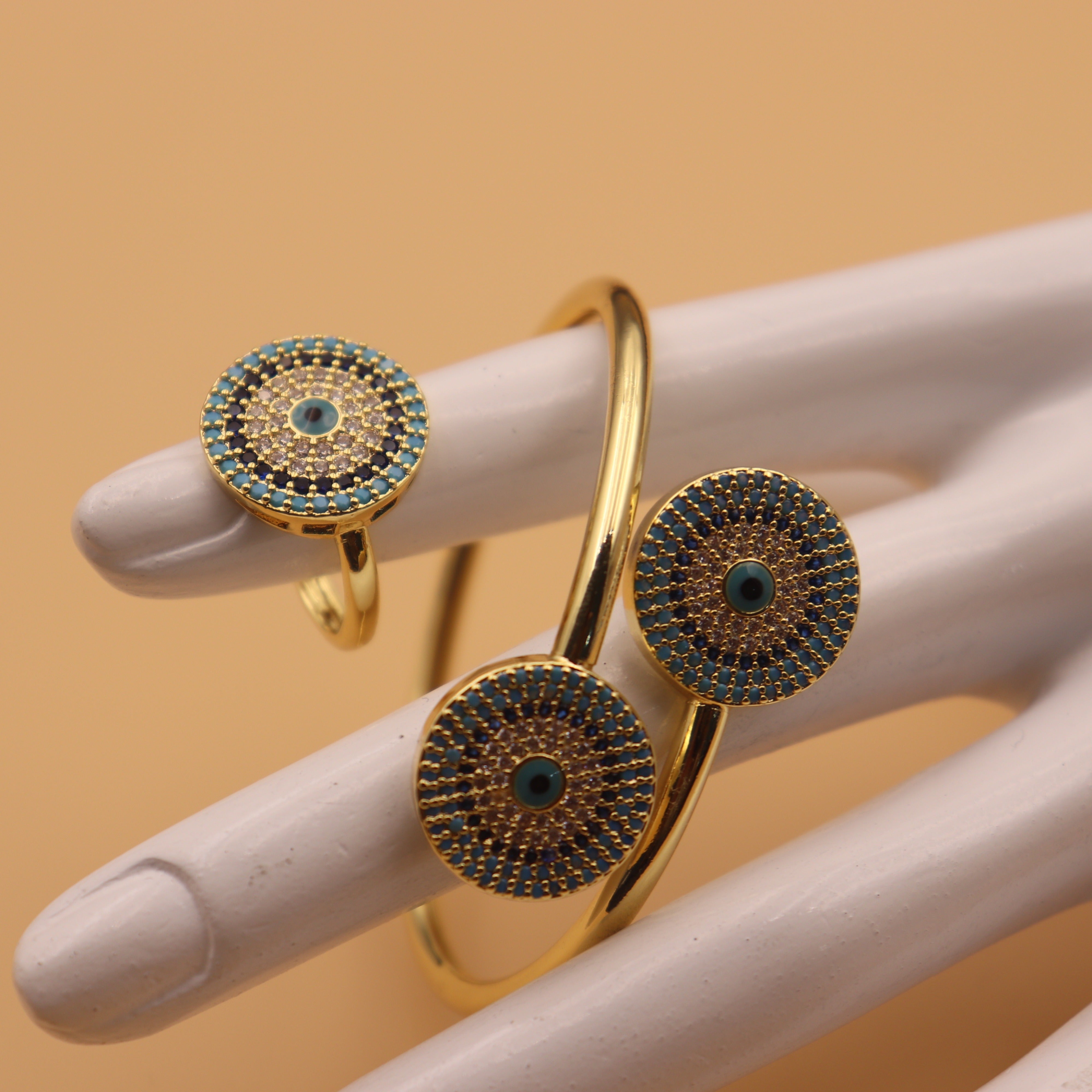 Gold Plated Bangle with Turquoise Inlay and Ring for Women