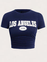 Women’s Y2K Style Crew Neck Crop T-Shirt Short Sleeve Alphabet Print Spring Summer