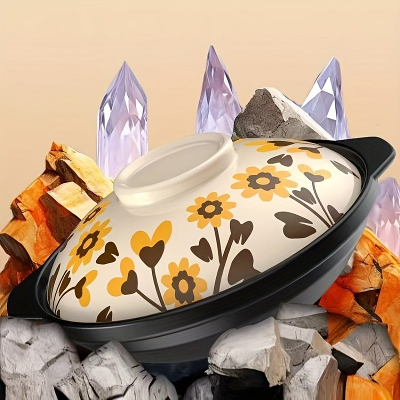 Floral Ceramic Clay Pot 1 Piece, Heat-Resistant, Explosion-Proof Stew Pot for Soup and Stew