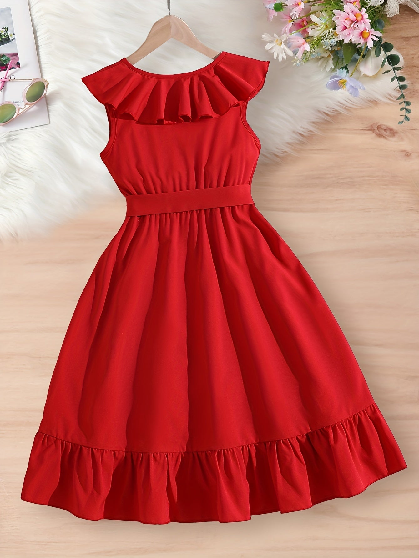 Girls' Summer V-Neck Sleeveless Dress with Frill Trim for Casual and Holiday Wear