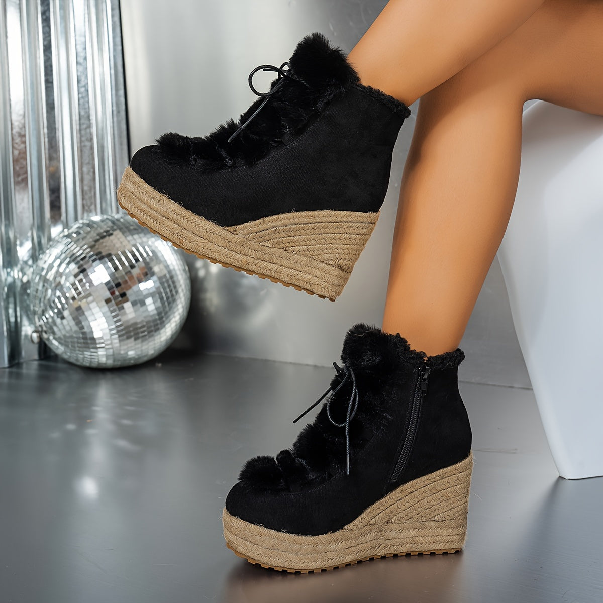 Women's Winter Casual Wedge Boots with Faux Fur Collar and Jute Rope