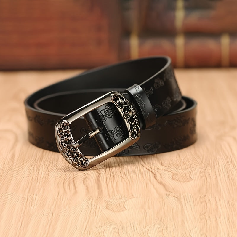 Women's Vintage Leather Belt with Rectangular Punk Buckle for Jeans