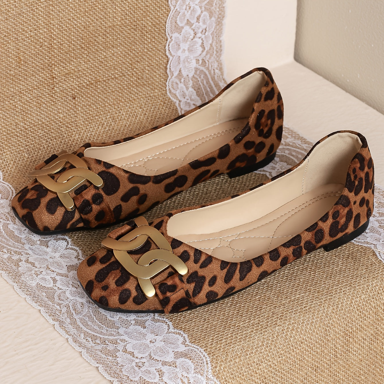 Women's Leopard Print Flats with Buckle Detail Slip-On Square Toe Breathable Fabric