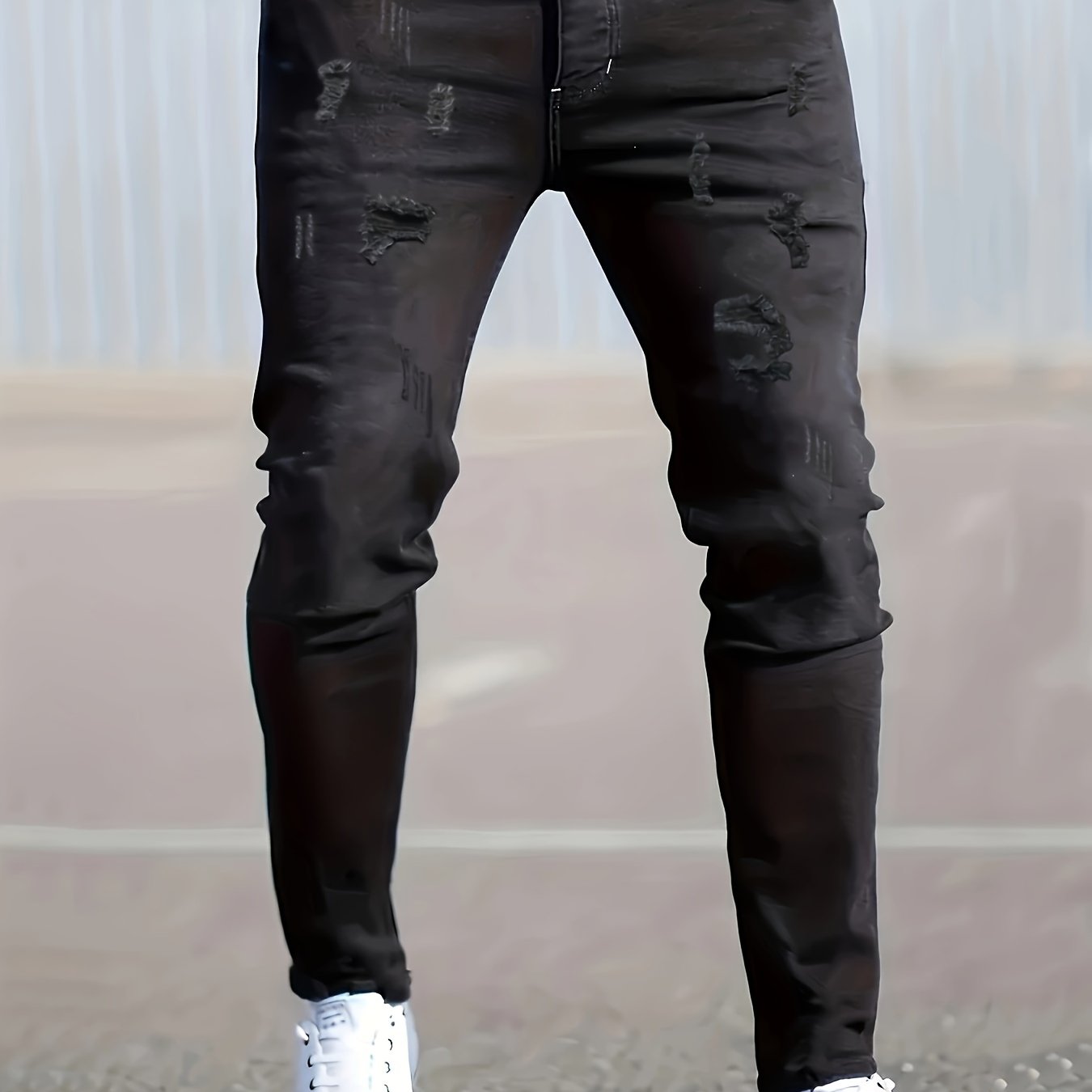 Men's Black Ripped Skinny Jeans with Stretch, All-Season, Machine Washable