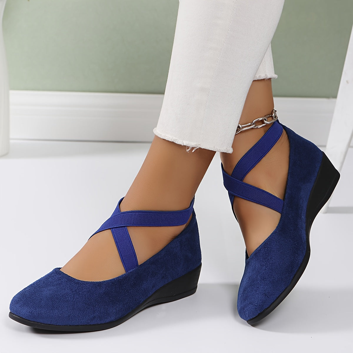 Zapatos cómodos de cuña para mujer con correa elástica cruzada, slip-ons casuales