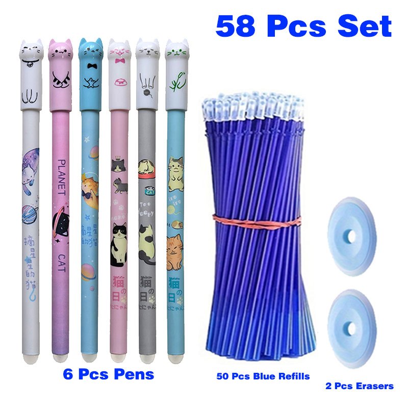 Set of 6 Erasable Gel Pens with 50 Refills and Erasers Blue Ink Office Supplies