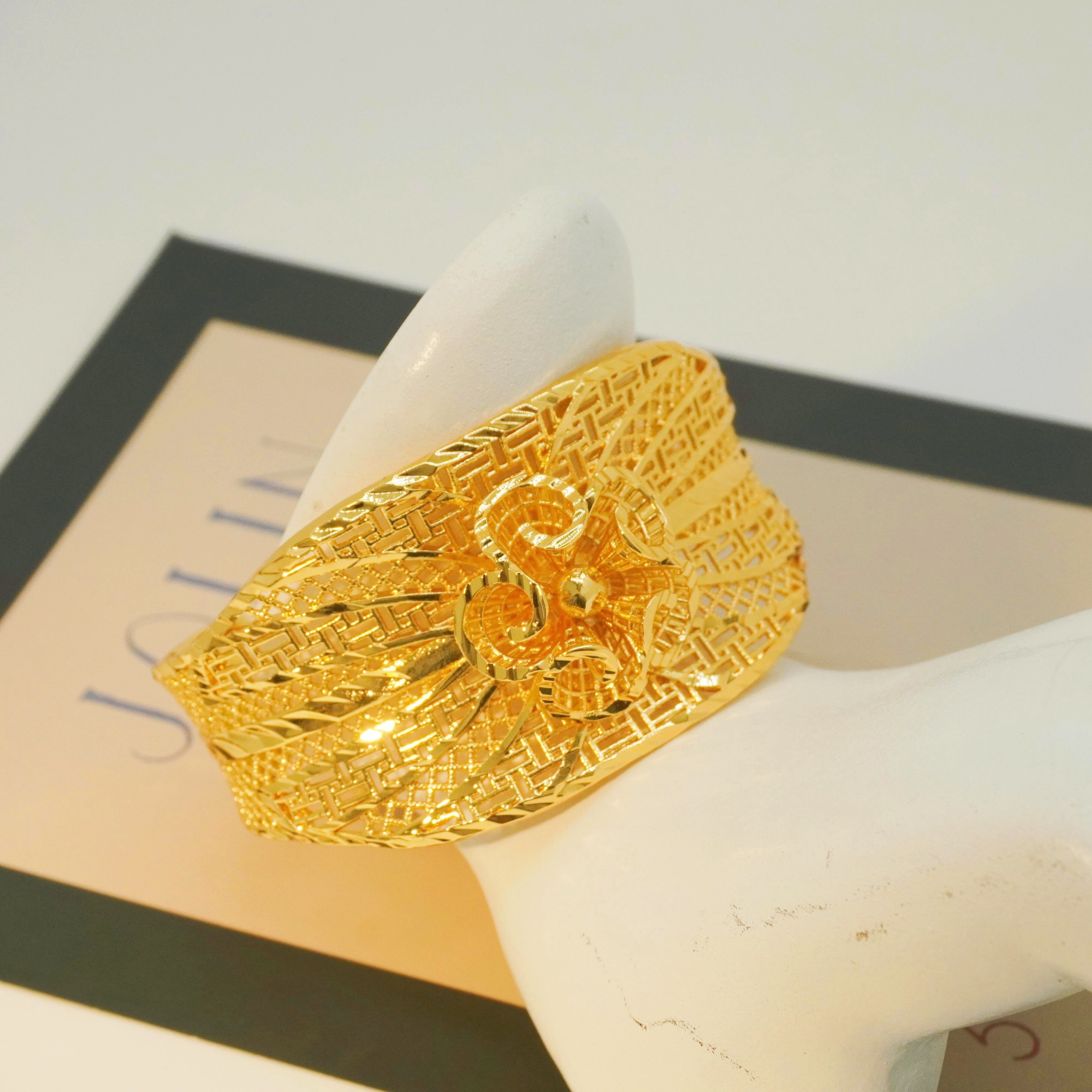 Gold Flower Pattern Wide Bracelet for Weddings and Engagements