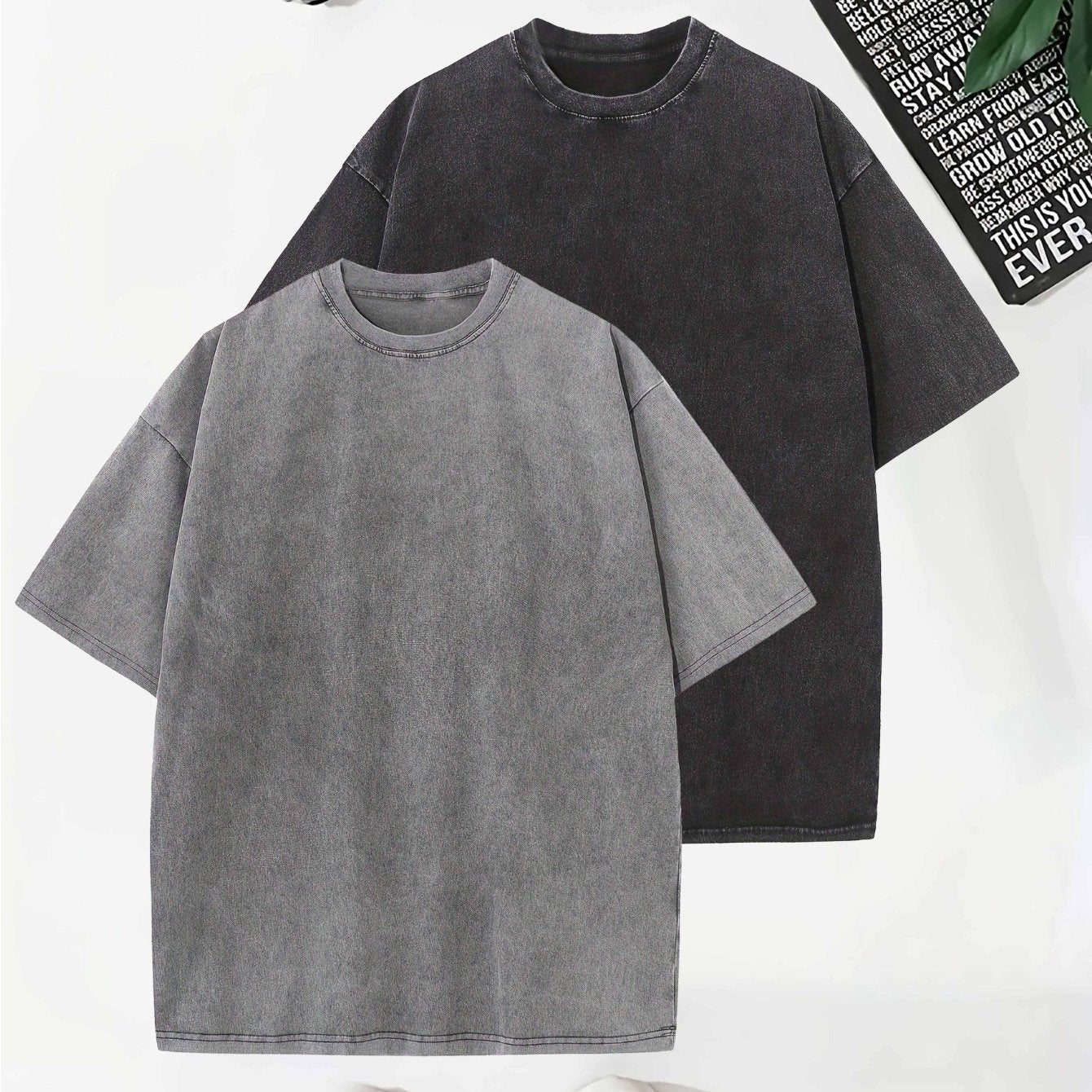 Men's Vintage Washed Cotton T-Shirts Pack Short Sleeve Crew Neck Drop Shoulder Casual