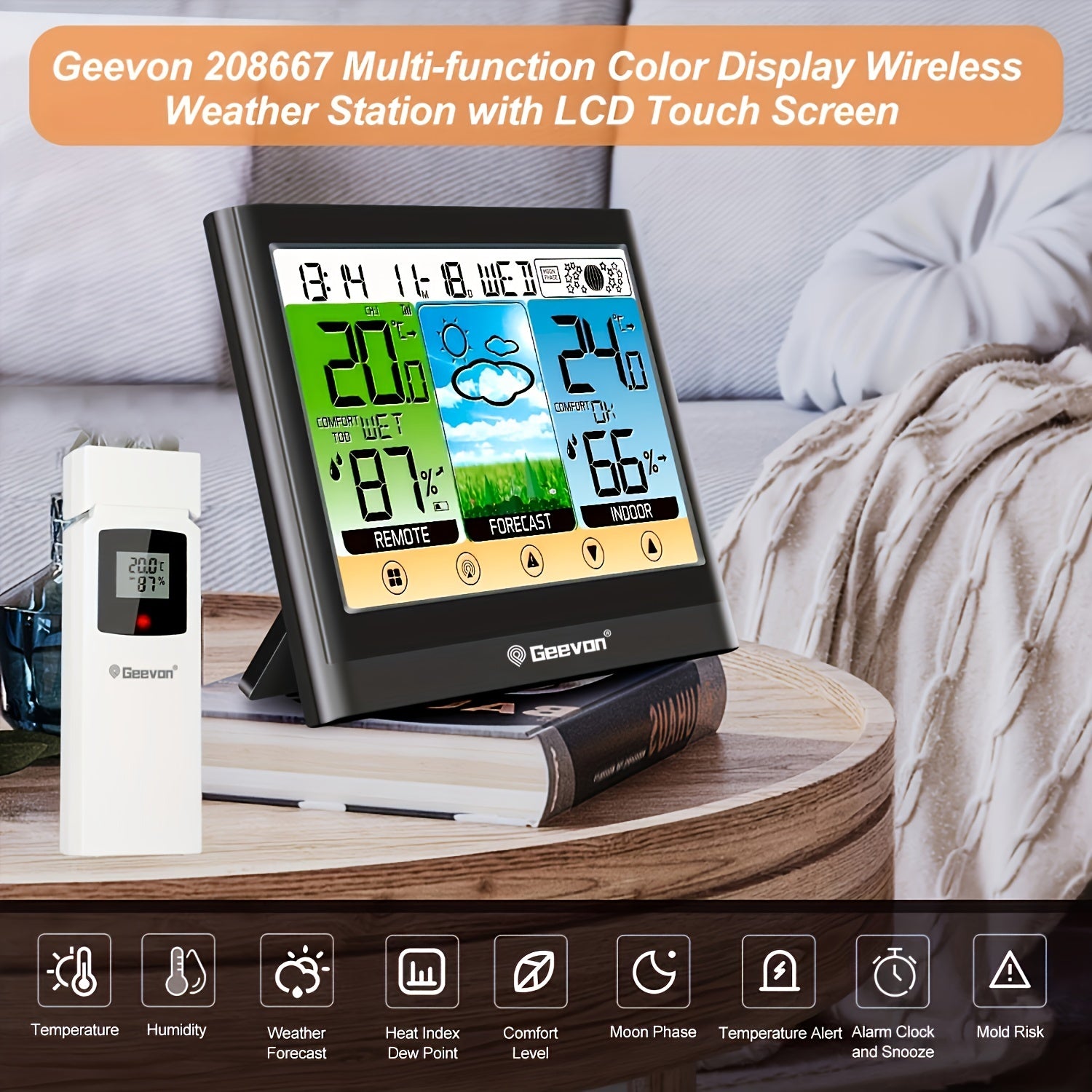 GEEVON simsiz harorat va namlik o'lchagichi, shudring nuqtasi, issiqlik indeksi, teginish LCD displeyi, signal, sozlanadigan orqa yoritish, RFID funksiyasi va AC quvvat manbai bilan. ABS materialidan tayyorlangan.