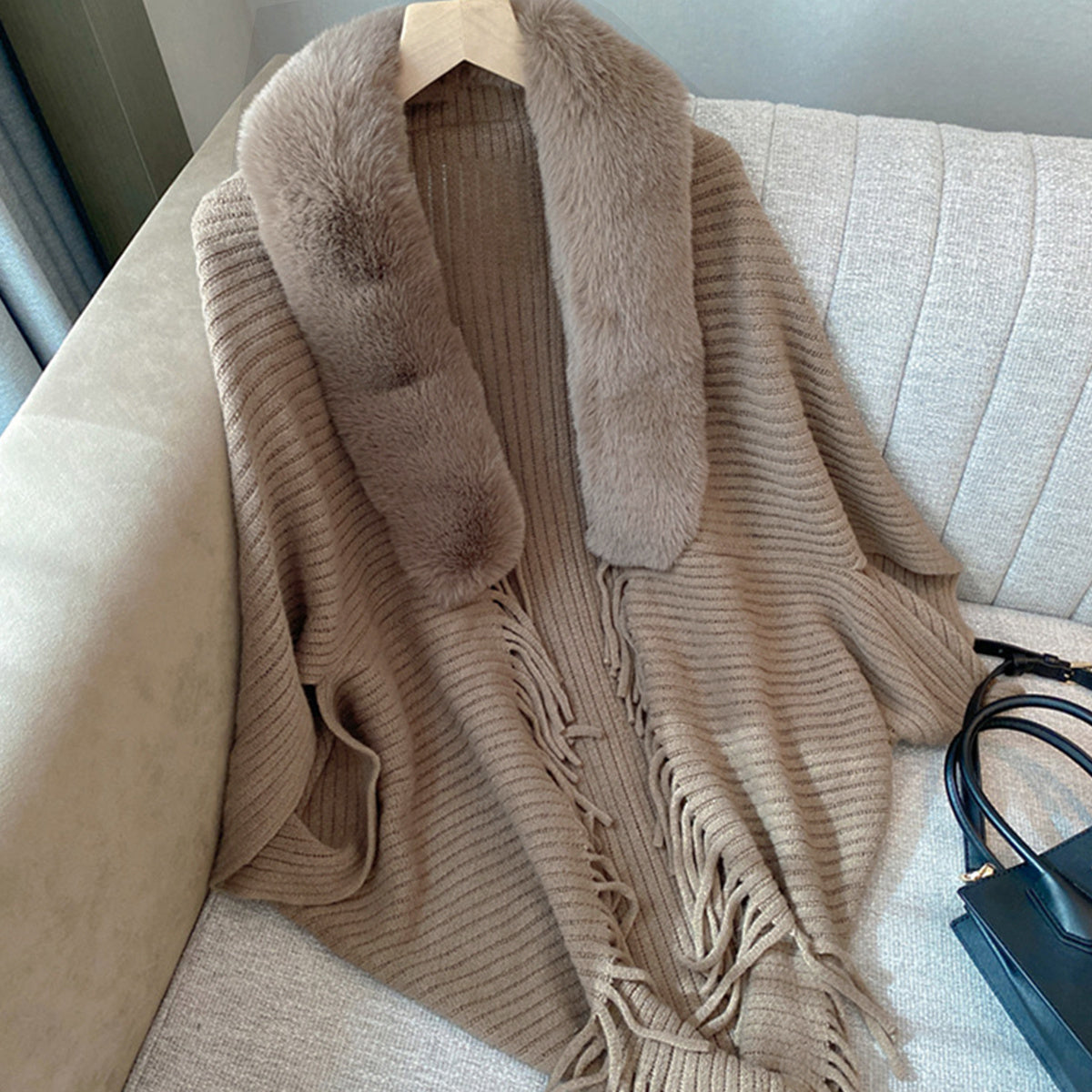 Winter Shawl with Faux Fur Collar Solid Color Loose Fit Knit Wrap Coat