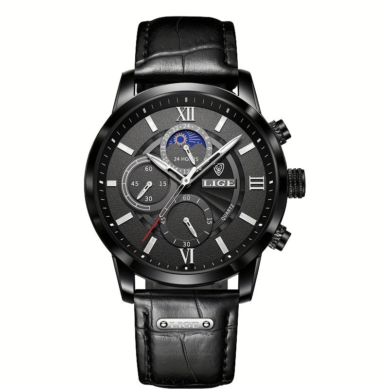 Men's Leather Casual Quartz Sport Watch Black 42mm