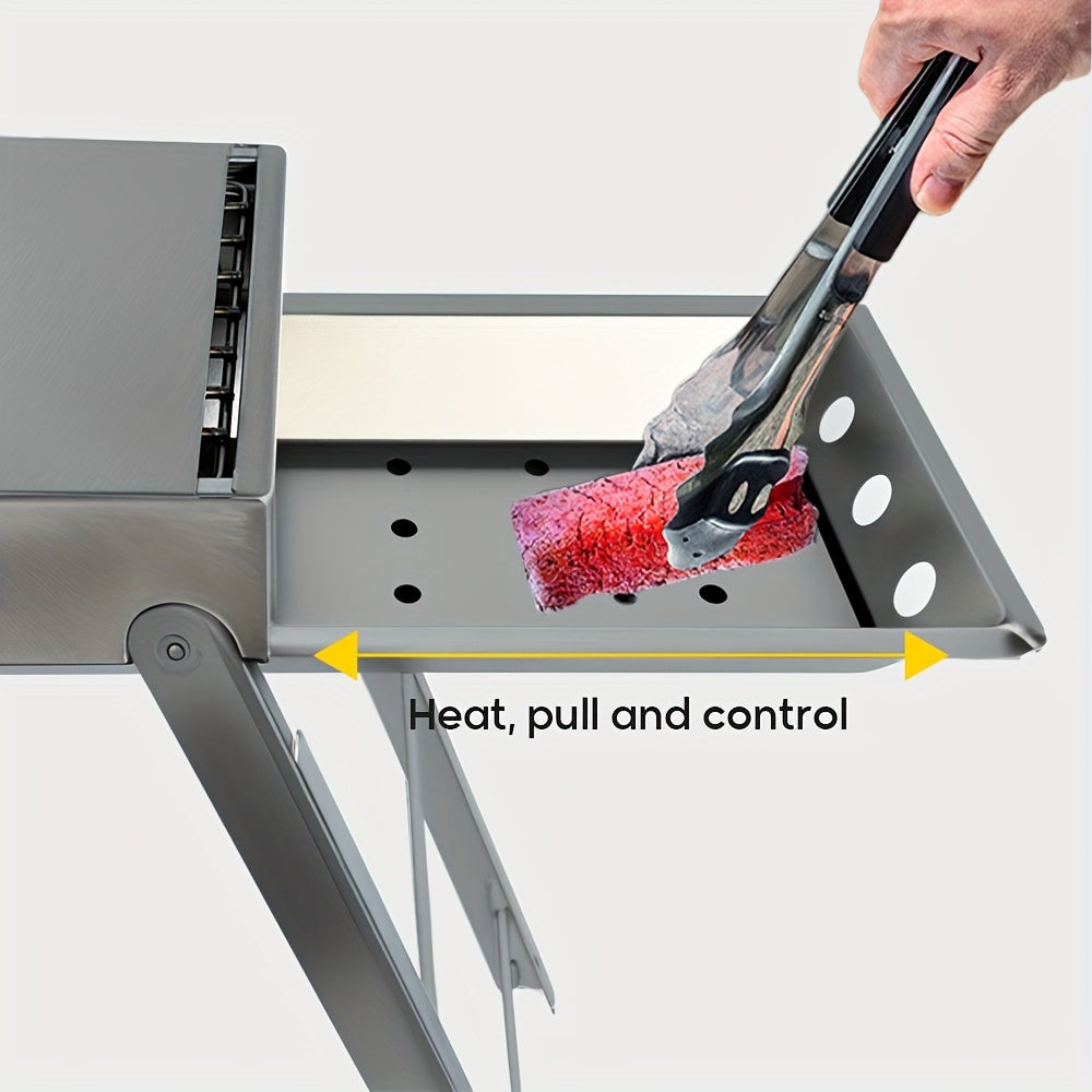 Stainless steeldan tayyorlangan portativ bukadigan barbekü grill, 23.62 dyuymli grill va ikki eshikli ziravorlar uchun idish. Qora saqlash sumkasi bilan ta'minlangan, ochiq havoda barbekü uchun 2-3 kishi uchun mos.