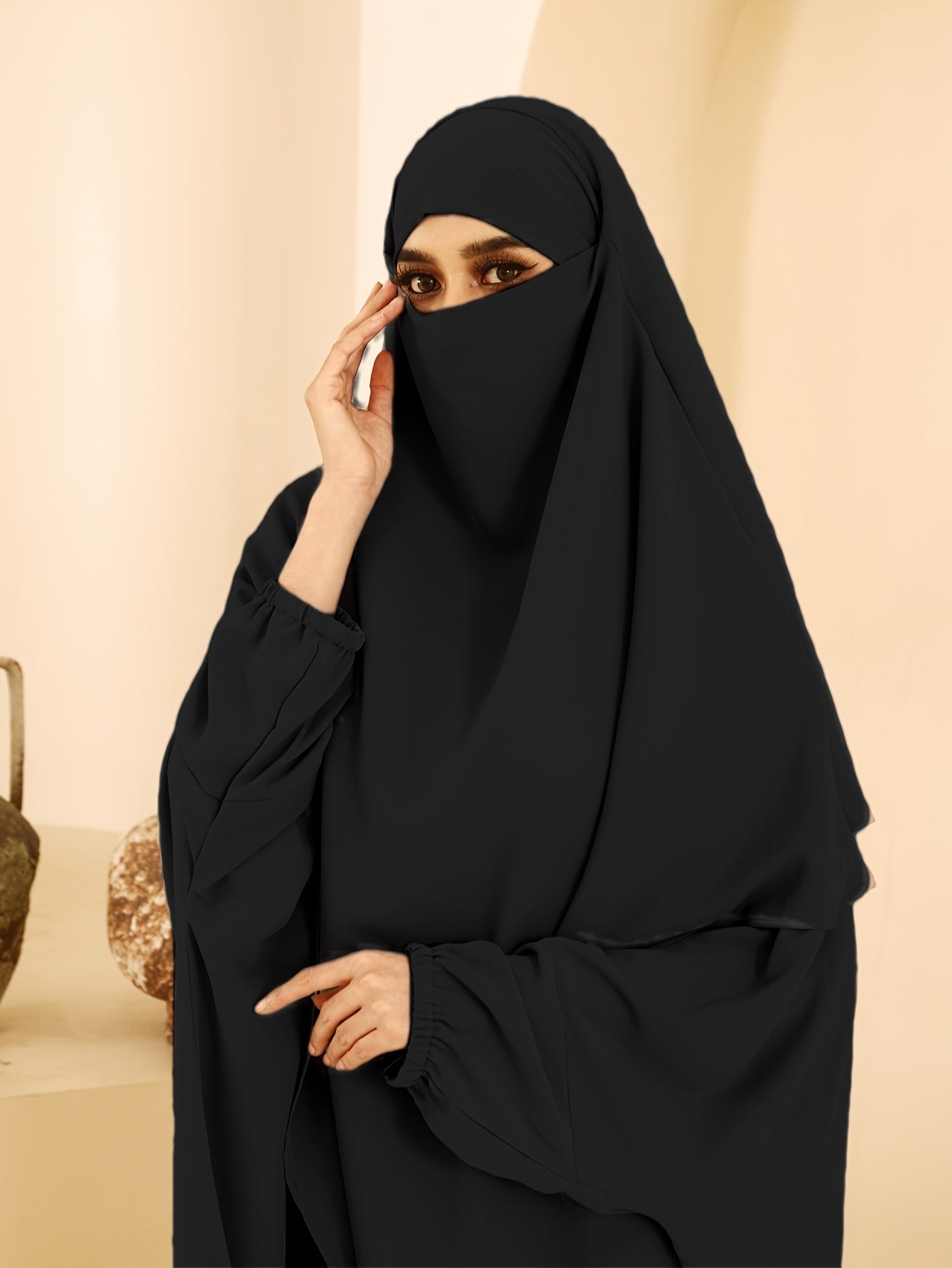 Plus Size Women Solid Color Robe Dress Two-Piece Set for Ramadan Islamic Prayer