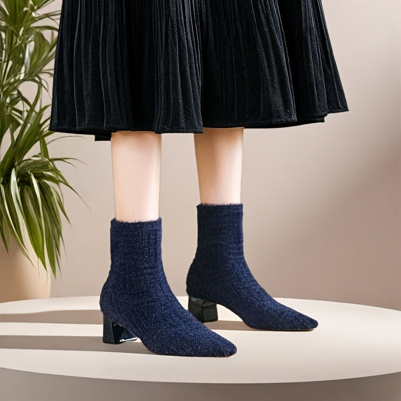 Women's Ankle Boots Knit Fabric Block Heel Slip-On Casual Styles