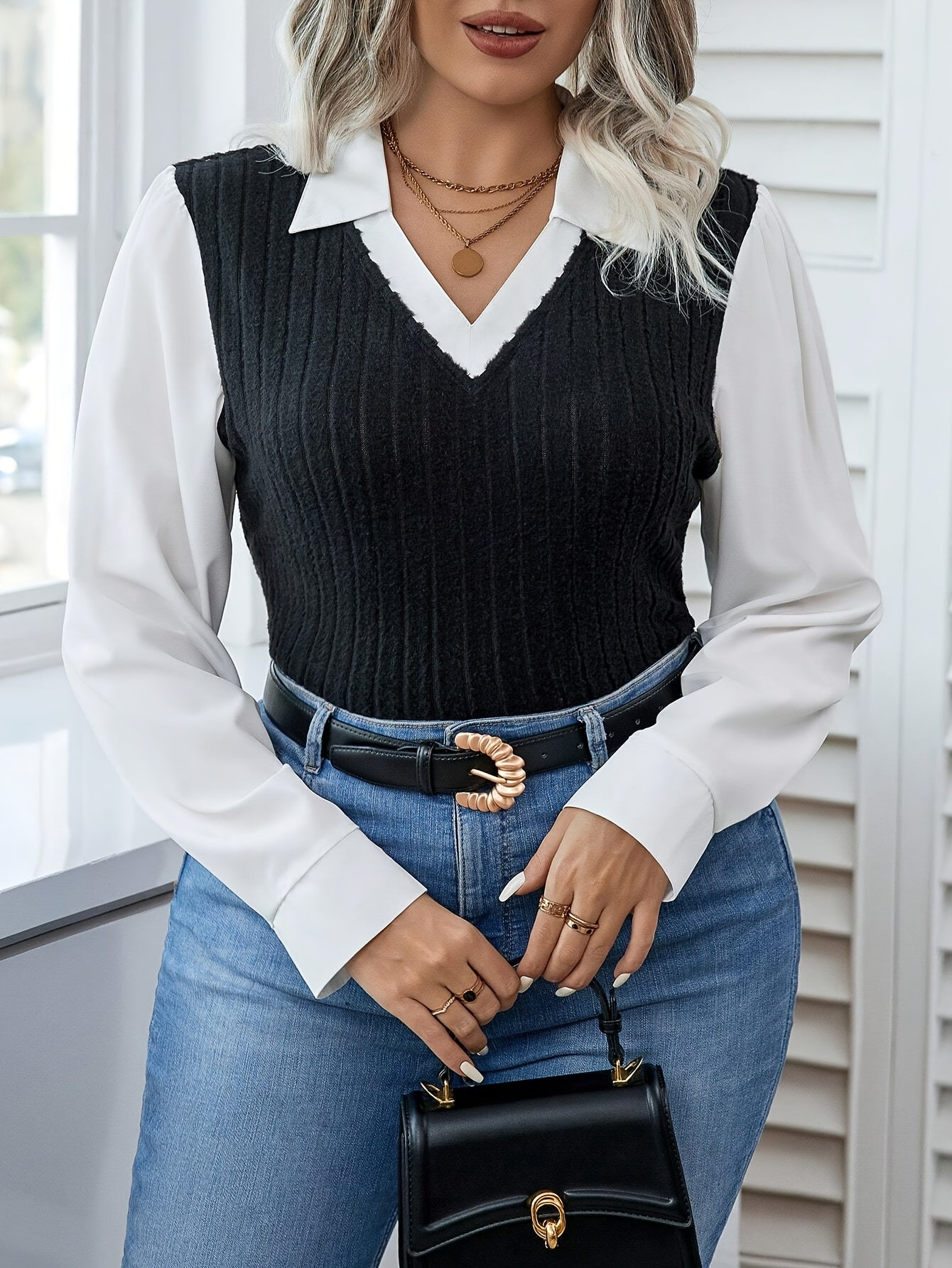 Plus Size Women's Colorblock V-Neck Long Sleeve Blouse Ribbed Knit Semi-Sheer Polyester