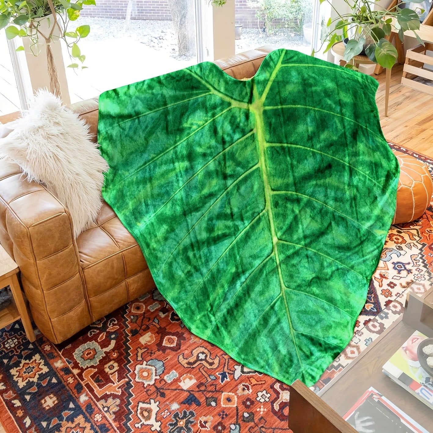 Green Leaf Print Fleece Blanket Soft Cozy Versatile for Home and Travel