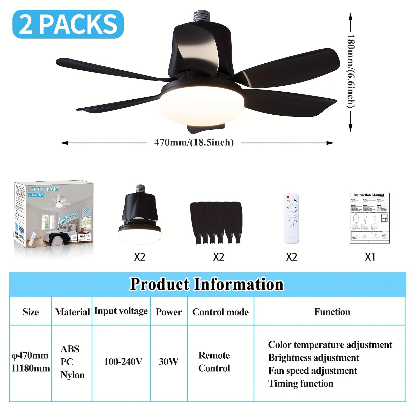 2pcs Socket Fan Light with Remote Control E26 E27 Dimmable LED for Bedroom