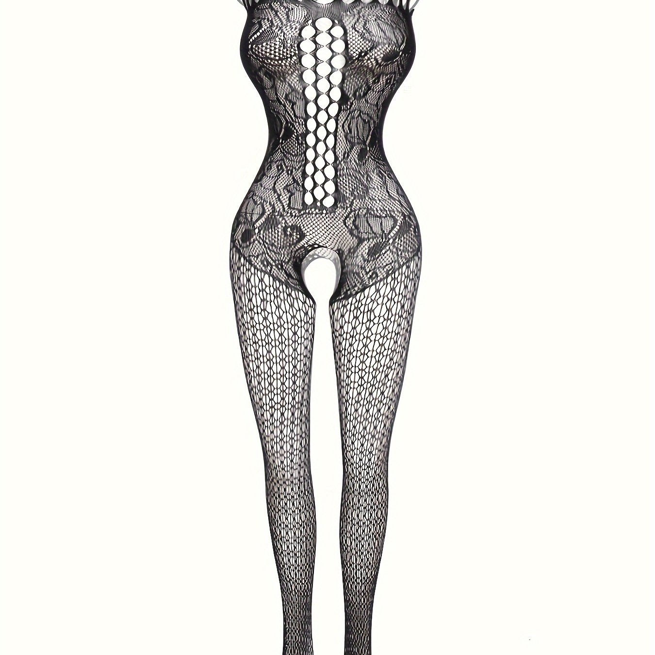 Ayollar uchun jozibali dantel bodysuit, yelkasiz dizayni, ochiq qorin, shaffof baliq to'rdan tayyorlangan material va bo'sh joy detali bilan ajralib turadi.