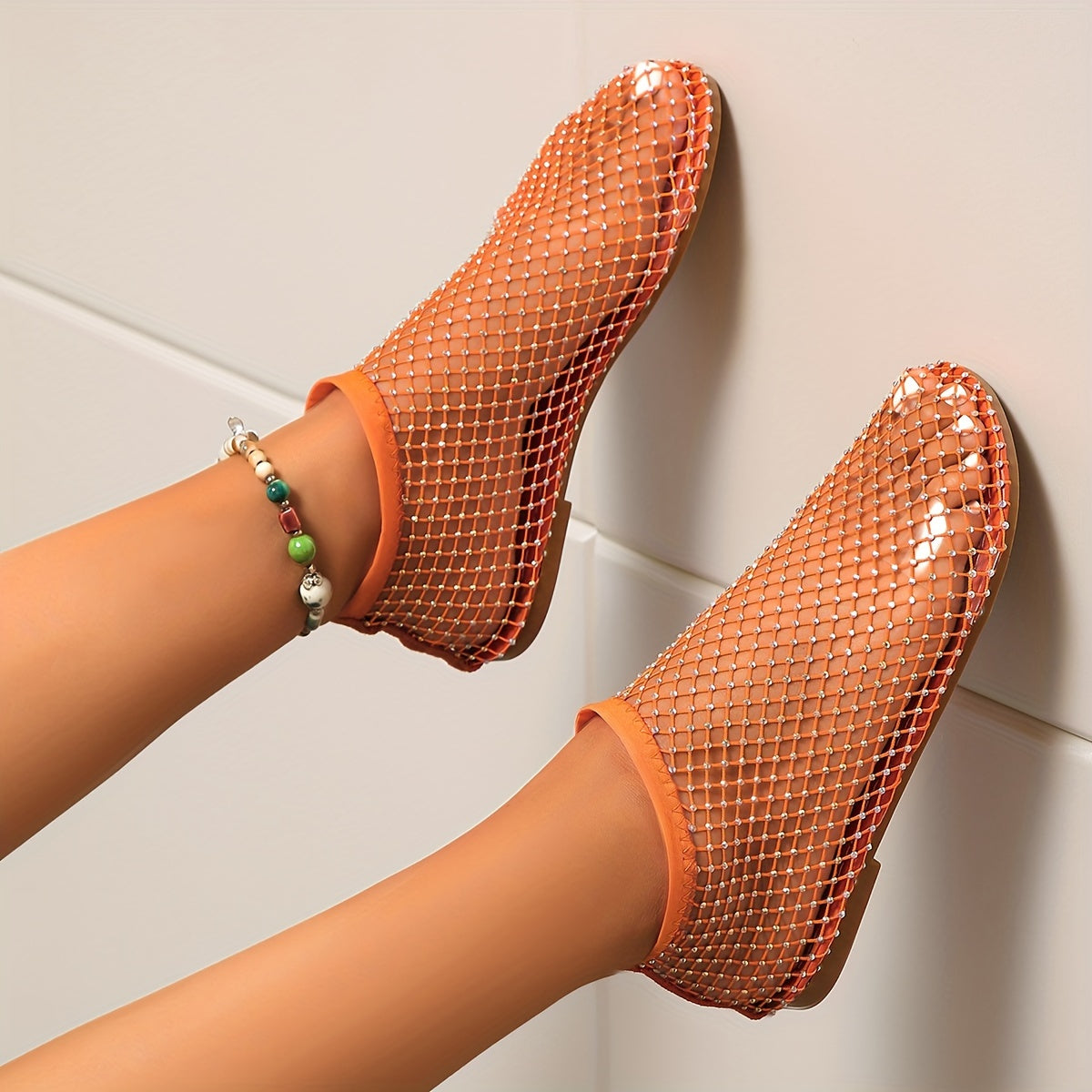 Women's Mesh Rhinestone Flat Sandals with Elastic Band and Cut-Out Design