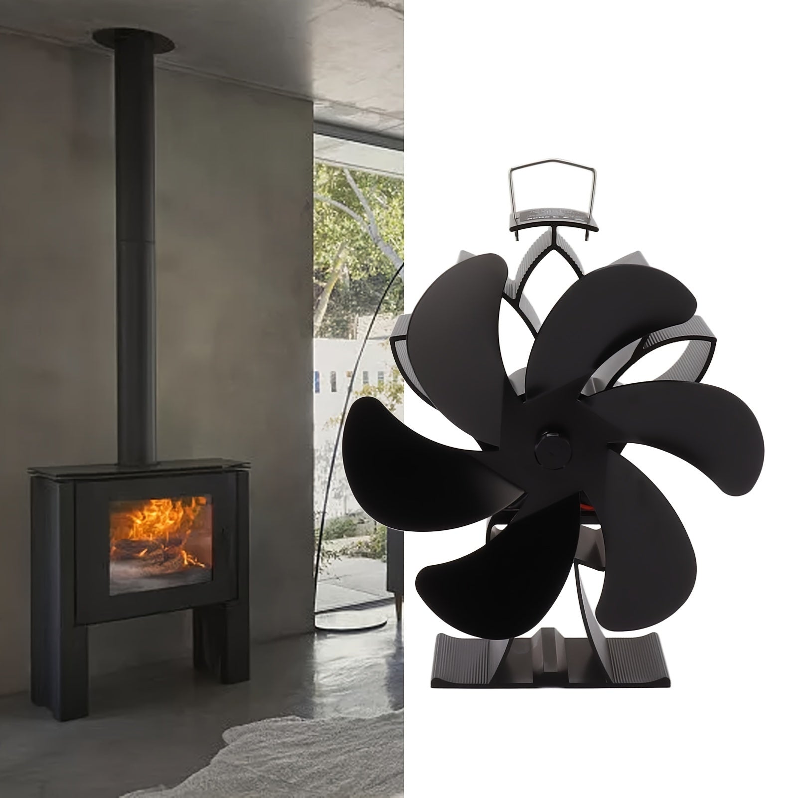 Issiqlik bilan ishlaydigan pechka ventilyatori, 6 ta alyuminiy pichog'i bilan, past shovqin uchun, uy log'li pechka uchun mos, qora rang, uy jihozi