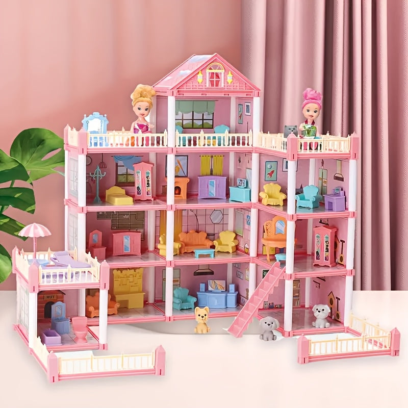 Pink 4-Story Dollhouse Playset with Accessories and 2 Figures for Girls