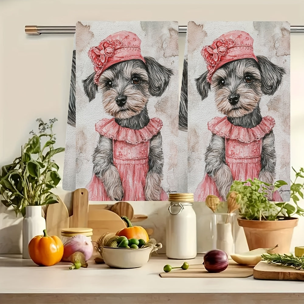 Set Of 2 Ultra-Soft Kitchen Towels With Schnauzer Puppy Design 40x60cm