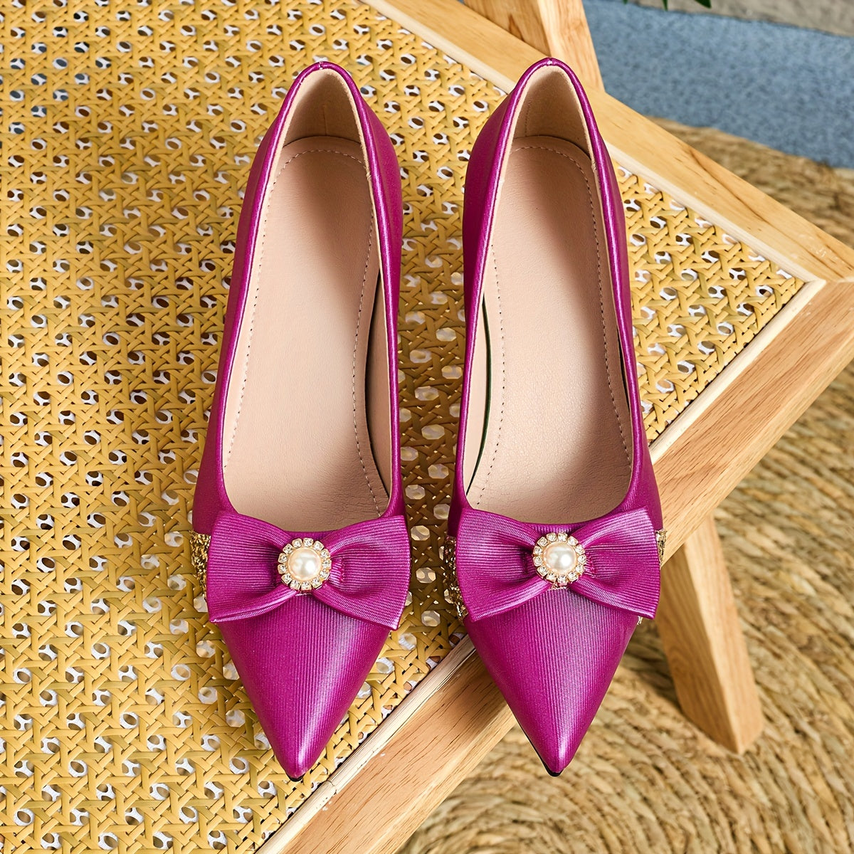 Women Faux Leather Pointed Toe Mules with Pearl Flower Decor High Heel Shoes