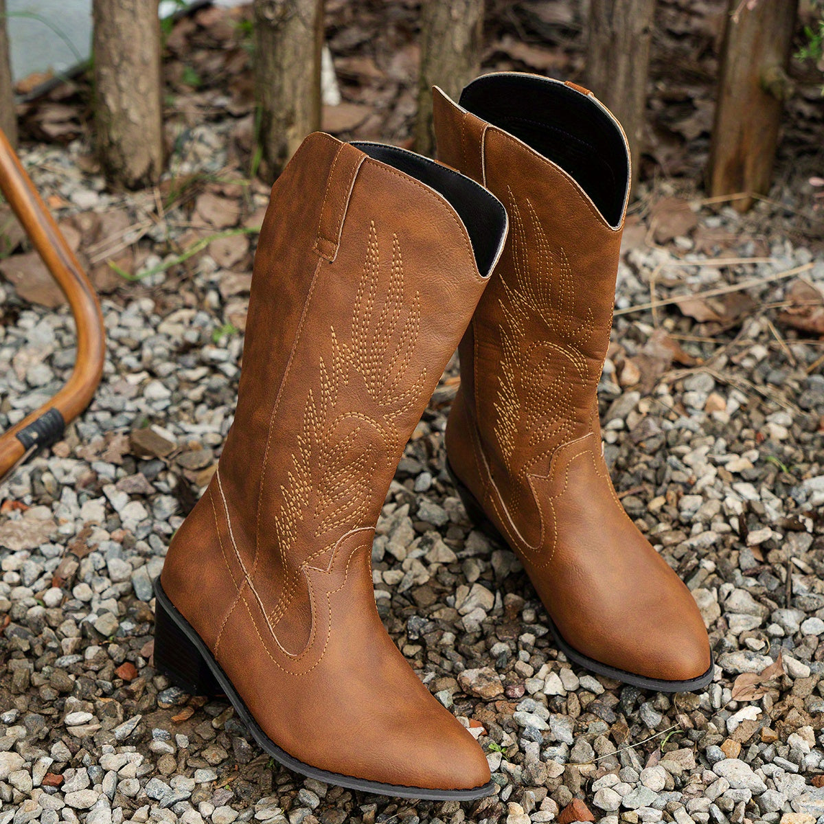 Women's Brown Faux Cover Western Boots with Chunky Heel for Casual and Festival Wear