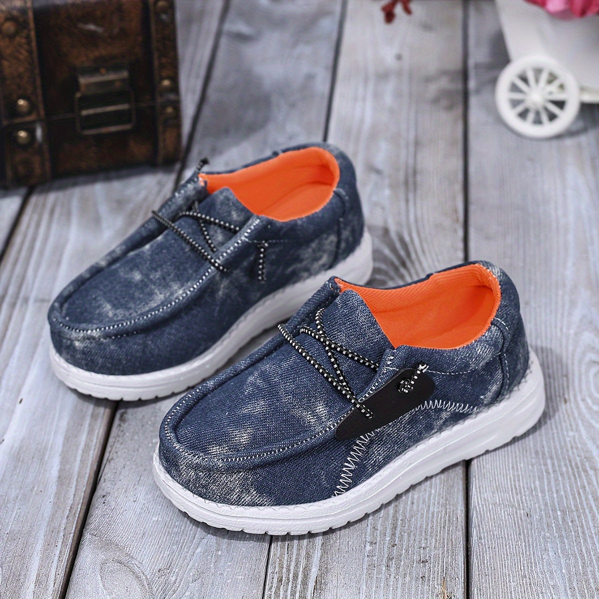 Boys Casual Sneakers with Elastic Laces Denim-Textured Canvas and EVA Sole for Spring and Fall