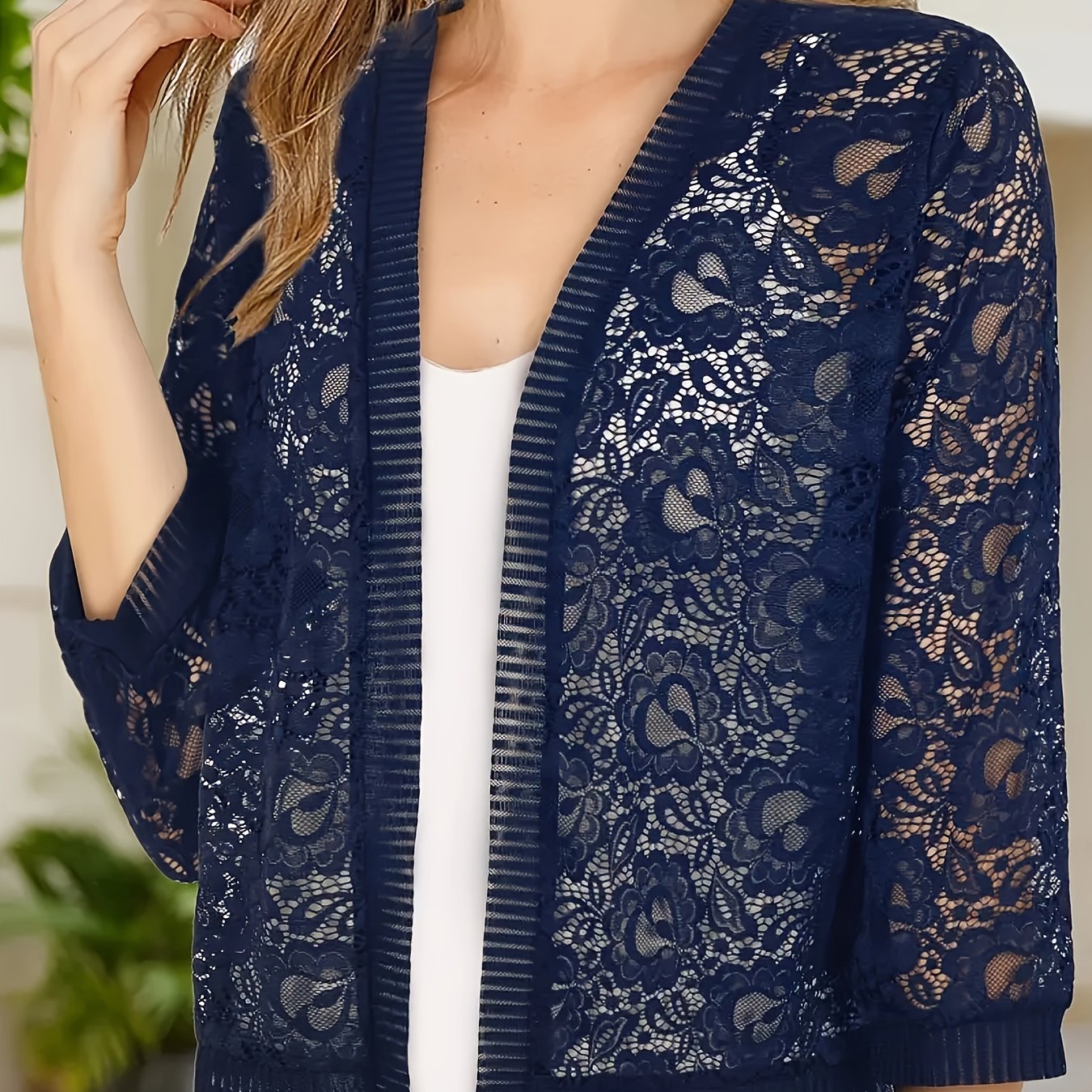 Plus Size Floral Lace Open Front Top Women's Long Sleeve Casual Spring Summer