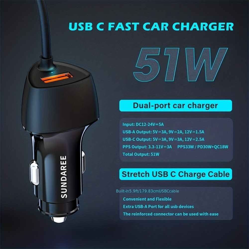 USB C Car Charger 51W Fast Charging PD QC3.0 with Coiled Cable for Android Devices