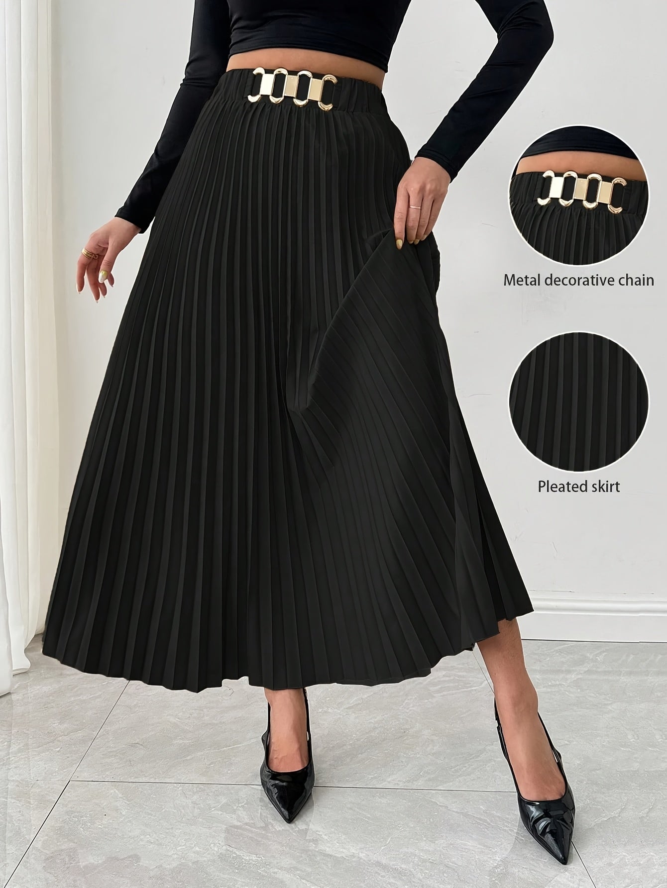Women's Black Pleated Midi Skirt with Chain Detail and Loose Fit