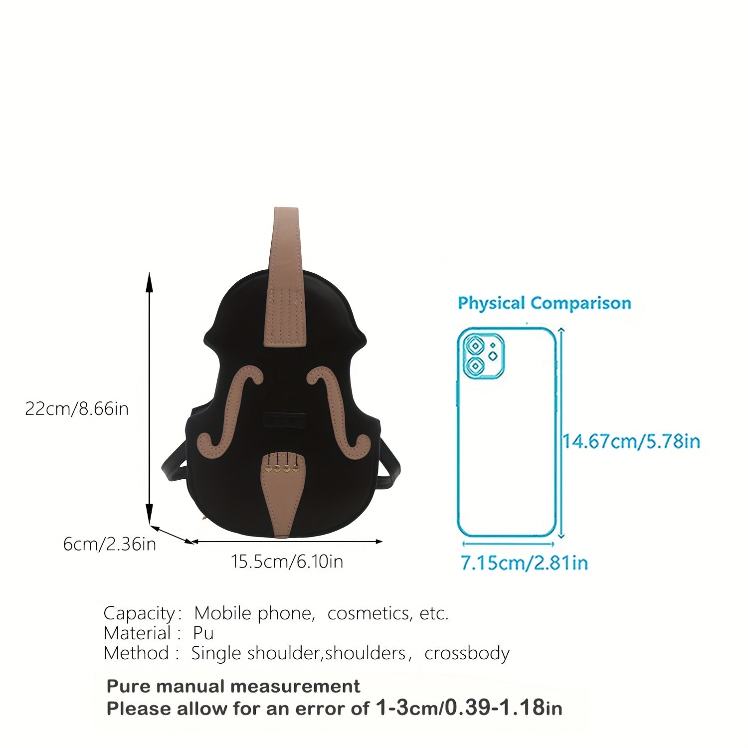 Black and White Violin-Shaped Crossbody Bag for Women with Adjustable Strap
