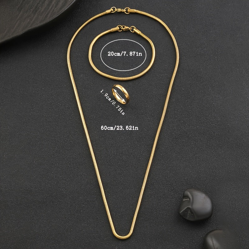 Zarif 3-qismli Zargarlik To'plami oltin - Nikelga chidamli Ilon Zanjirli Marjon, Bilaguzuk va Oddiy Halqa Har kuni kiyish uchun